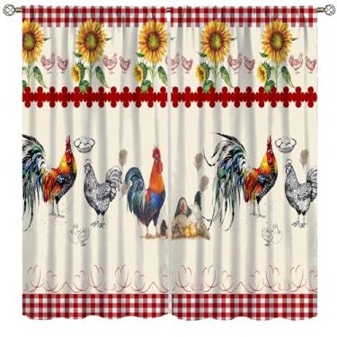Imagem de Cortina rústica de galo, vintage frango xadrez vermelho fazenda girassol cortinas de tratamento de janela para quarto, café, sala de jantar, escritório, sala de estar, cozinha, cortinas, 107 x 160 cm