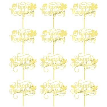 Imagem de 12 peças de enfeite de cupcake dourado acrílico feliz ação de graças, escolhas de agradecimento, tema de outono, decoração de bolo lateral para o dia de Ação de Graças, outono, colheita, festa