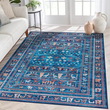 Imagem de MECOSEN Tapete lavável 13 x 18 cm, tapete azul persa, macio, antiderrapante, resistente a manchas, moderno, contemporâneo, para sala de estar, quarto, sala de jantar