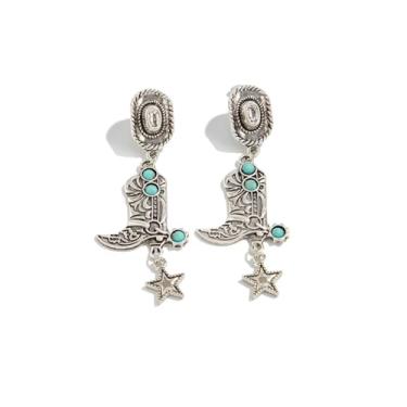 Imagem de Brincos de bota de chapéu de vaqueira ocidental prata para mulheres, turquesa, cacto, brincos de coração de estrela, boêmio, country dorp, brincos pendentes vintage, joias ocidentais, presente para