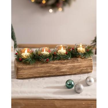 Imagem de Romadedi Suporte de vela de tronco de Yule: Decoração de mesa de Natal Suportes de luz de chá com bandeja de madeira rústica para casa de fazenda mini guirlanda para mesas de jantar, lareira festa