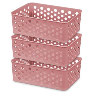 Imagem de Kit 3 Cestos Organizador Trama Rattam Pequeno 19x13cm Gavetas Armario Guarda Roupas (Rosê)