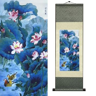 Imagem de Newscz Lago de lótus de verão com arte de patos mandarim - Pintura tradicional chinesa em pergaminho de seda asiática, decoração zen para sala de estar, sala de jantar, quarto, sala de estar, sala de
