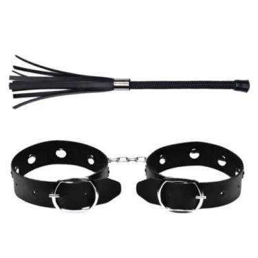 Imagem de Kit Chicotinho E Algema Fina Kit BDSM para Jogos e Exploração Sensual Embalagem Discret DX1313 (PRETO)