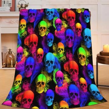 Imagem de Manta de caveira colorida para meninas, crianças, mulheres, adultos, flanela macia e aconchegante, manta de esqueleto gótico, presentes para decoração de pelúcia quente e fofa para sofá 127 x 101 cm