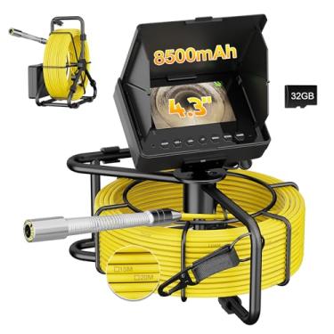 Imagem de EIXAUP Câmera de esgoto de 3 m, tela HD de 4,3 polegadas, endoscópio industrial de 23 mm com luz, cartão de 32 GB, câmera de drenagem portátil com bateria de 8500 mAh, ideal para encanadores e