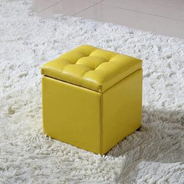 Imagem de Banqueta quadrada de couro sintético dobrável pufe otomano para armazenamento de assento único banco de brinquedos, cadeira amarela para decoração de casa