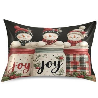 Imagem de Gredecor Fronha de cetim de Natal inverno tamanho king size lindos bonecos de neve Joy Mason Jar fronhas de almofada de seda para sofá de casa 50 x 76 cm