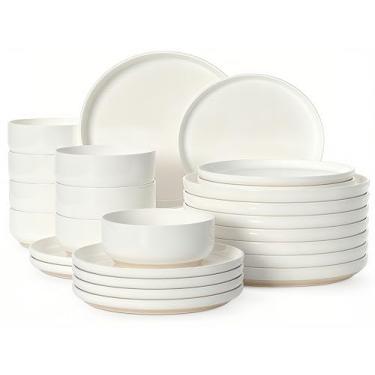 Imagem de Conjuntos de pratos e tigelas, conjuntos de louça resistentes a arranhões para 8, 24 peças, conjunto de louça de cerâmica de porcelana, conjunto de jantar de cozinha moderno, adequado para micro-ondas