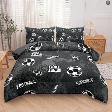 Imagem de Peopleareok Jogo de cama casal de futebol (199 x 222 cm), edredom preto com tema de futebol, 2 peças, microfibra macia, para meninos e crianças, com 1 fronha