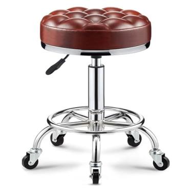 Imagem de WYUYIWH Banqueta giratória giratória redonda com rodas e anel de pé, banco de couro ajustável em altura ajustável, dourado