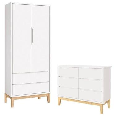 Imagem de Cômoda 6 Gavetas e Guarda Roupa 2 Portas New Classic Branco com Pés Ma