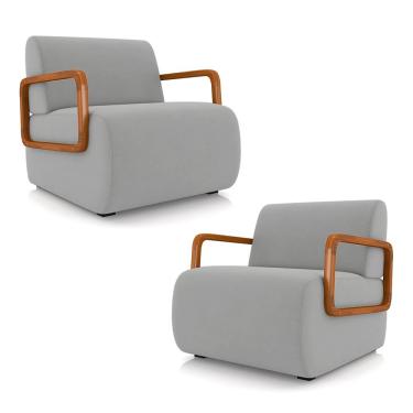 Imagem de Kit 2 Poltronas Decorativa Sala de Estar Odessa Braços em Madeira Veludo Cinza Claro G33 - Gran Belo