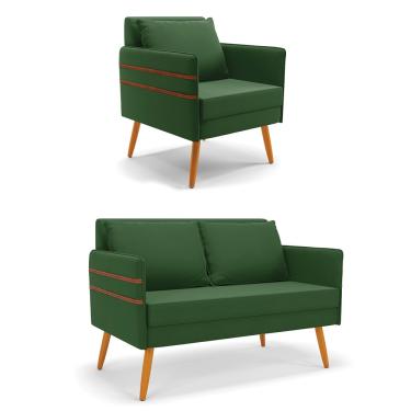 Imagem de Kit 1 Namoradeira 02 Lugares e 1 Poltrona Mari Suede Verde Pés Palito Castanho - D'Rossi