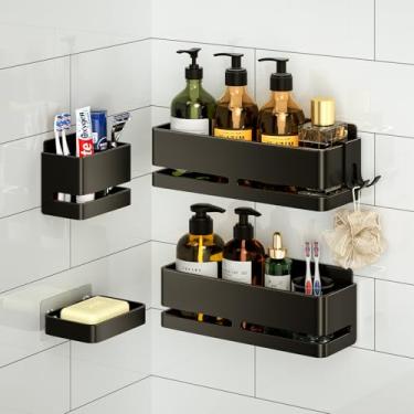 Imagem de YESENT Rack de armazenamento de banheiro (conjunto de 5 peças), prateleira de parede com suporte de saboneteira e escova de dentes, sem necessidade de perfuração, ideal para armazenamento de banheiro