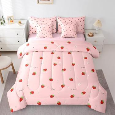 Imagem de Erosebridal Jogo de cama kawaii, tamanho solteiro, de morango, para meninas, estilo japonês, rosa, desenho animado, fruta, comida, edredom com lençóis, feminino, branco e floral
