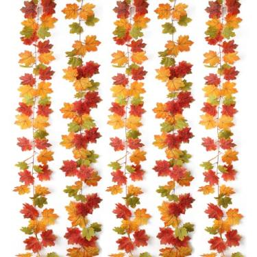 Imagem de Mizii 5 pacotes de decoração de outono 990 cm guirlanda de videiras artificiais de bordo artificial guirlanda de outono folhas de bordo de seda plantas para pendurar no dia de Ação de Graças, varanda