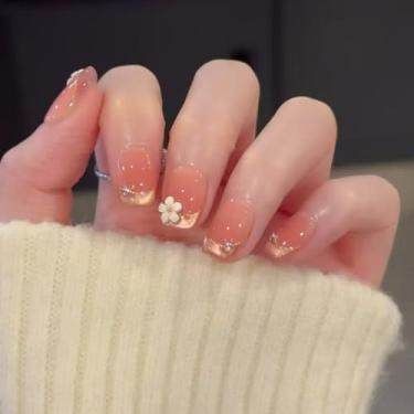 Imagem de Kit de unhas curtas médias quadradas francesas falsas com design de flor 3D, strass prensa de acrílico artificial cobertura completa em unha falsa para mulheres uso diário manicure casamento 30 peças