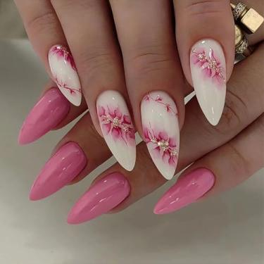 Imagem de Kit de unhas postiças rosa com ponta média totalmente coberta e removível com flor de pêssego gradiente brilhante cola reutilizável em unhas para encontros, festas, aniversários, 24 peças