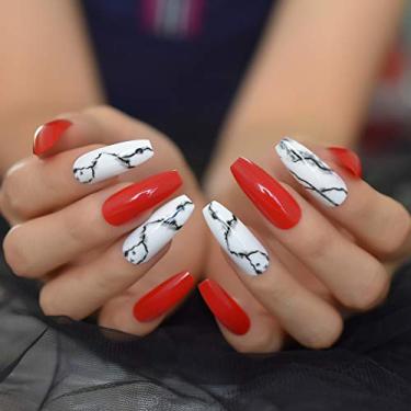 Imagem de Pregos longos de caixão pregos falsos mármore branco vermelho brilhante capa completa kit de unhas postiças para mulheres - 28 pçs/conjunto