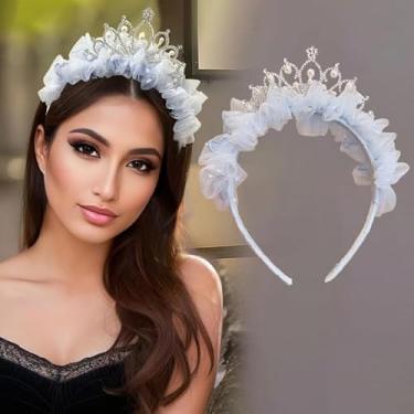 Imagem de 1 tiara fofa, com adorável renda azul estilo princesa e coroa branca, tecido de poliéster macio, acessório de cabelo elegante para festas e fantasias