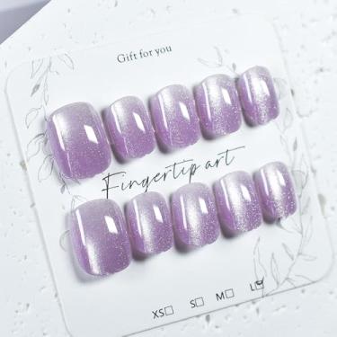 Imagem de Petie Unhas de pressão de tamanho curto Larvender roxo brilhante olho de gato pontas de dedos postiças pequenas e instantâneas pintadas à mão pontas de arte de unhas conjunto completo 30 peças