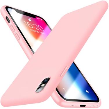 Imagem de Capa compatível com iPhone X/XS de 5,8 polegadas, fina de silicone líquido, 4 camadas, capa protetora com forro de microfibra antiarranhões (rosa)
