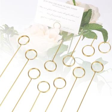 Imagem de 60 peças de palitos florais de arame de metal, porta-cartões dourados de 30,5 cm, porta-cartões para fotos, clipe redondo dourado, porta-cartões de presente para casamento e festa