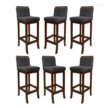 Imagem de Kit 6 Banquetas Alta para Ilha de Cozinha Nice Madeira Castanho Matelassê Suede Cinza CCS