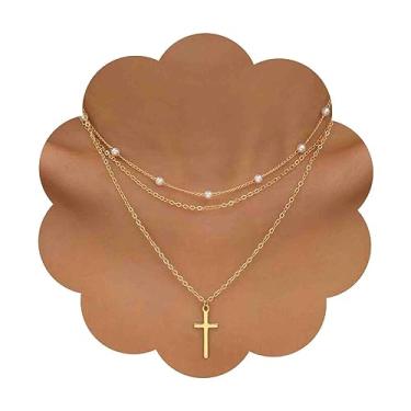 Imagem de Aneneiceera Colar gargantilha vintage com cruz de pérolas em camadas, colar com pingente de cruz de ouro, colar de pérolas minúsculas, colar de crucifixo de cruz longa, joia para mulheres, Zinco, Sem