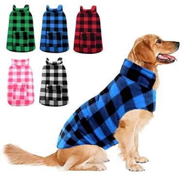 Imagem de ASENKU Casaco de inverno para cães, jaqueta xadrez reversível de lã, impermeável, à prova de vento, roupas para clima frio para cães pequenos, médios e grandes (G, azul)