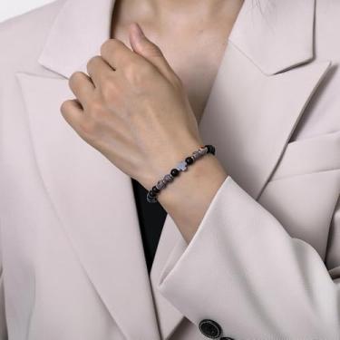 Imagem de Pulseira de contas feita à mão para homens e mulheres, cordão elástico com pedra natural e contas de destaque, joia de pulso ajustável, 7.68Inches, Obsidiana, Sem Pedra Preciosa