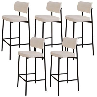 Imagem de Kit 05 Banquetas Alta Bar Cozinha Sala De Jantar Aço Preto Kaira C01 Linho Palha - Lyam Decor