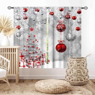 Imagem de Cortinas de Natal TRE para sala de estar, vermelho prata Natal Feliz Natal Fir Twigs Ball Ano Novo inverno neve decoração de festa cortina de janela para quarto, cozinha, banheiro, berçário, casa