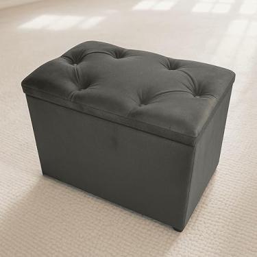 Imagem de Puff Baú Estofado em Suede com Espaço Interno – Banqueta Multifuncional p/Sala, Quarto ou Closet – Design Moderno e Confortável (CINZA SUEDE)