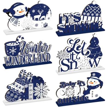 Imagem de Wonderjune 6 peças de decoração de mesa de madeira de Natal, floco de neve, boneco de neve, centro de mesa de madeira, decoração do país das maravilhas para o inverno, tema de neve, Natal, aniversário