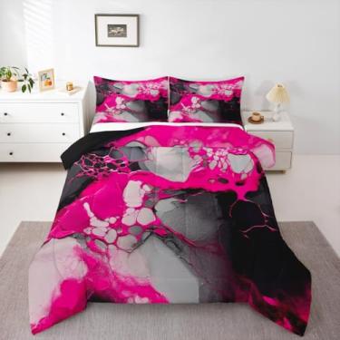 Imagem de Feelyou Conjunto de edredom de arte abstrata, solteiro, mármore, simples, moderno, geométrico, para crianças, meninos, meninas, preto, rosa choque, edredom para decoração de quarto, microfibra, 2