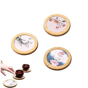 Imagem de GCFTIFF Conjunto de 3 porta-copos para bebidas, porta-copos de cerâmica absorvente com base de bambu, serve para todos os copos, decoração de mesa de centro para proteção de mesa, presentes para