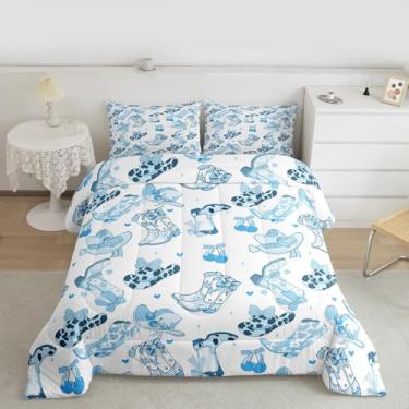 Imagem de Feelyou Conjunto de edredom infantil com estampa de caubói ocidental selvagem, estilo cowboy, rodeio, para quarto de crianças, meninos, meninas, decoração de quarto grunge, azul claro, microfibra