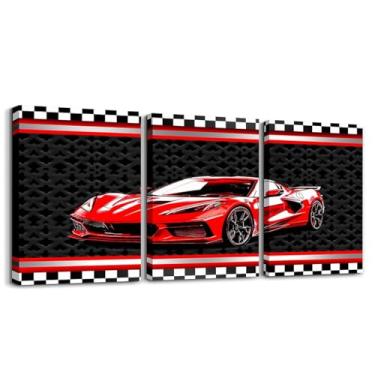 Imagem de Feelyou Arte de parede em tela de carro de corrida vermelha para sala de estar quarto corrida carro esporte imagem decoração de parede pista de corrida 3 peças pintura de parede decoração de sala de