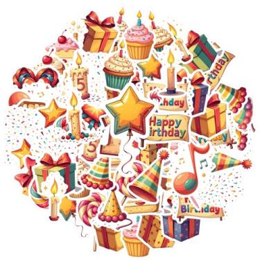 Imagem de 35 peças adesivos de festa de aniversário de festa de aniversário adesivos decorativos de brinquedo decalques de festa para telefone faça você mesmo, guitarra, laptop, notebook, mala de viagem, copo