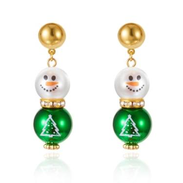 Imagem de Brincos femininos com pingente de bola de boneco de neve verde e vermelho com cristal dourado, círculo, bolas brancas, berloques, pingentes, Natal, férias, inverno, festas, acessórios para vestidos