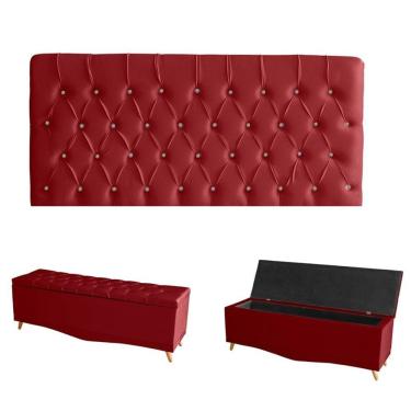 Imagem de Kit Estrela Cabeceira De Cama Painel E Calçadeira Baú Botão Cristal Casal 140 Cm Suede Vermelho Do Lar Móveis E Decoraç