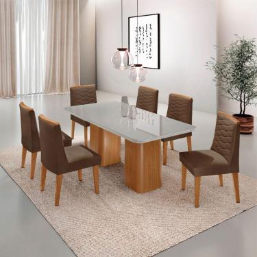 Imagem de Mesa De Jantar Eloise Tampo Mdf Vidro Com 6 Cadeiras Moderna Veludo Marrom/off White/naturale