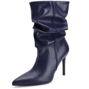 Imagem de Perisis Botas femininas de cano médio despojadas, salto alto, bico fino, botas confortáveis para outono e inverno, Azul-marinho PU, 38