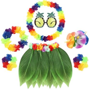 Imagem de Gejoy Conjunto de 7 peças de luau havaiano Aloha flor folha grama hula saia Leis conjunto de grampos de cabelo guirlanda de óculos de sol para festa tropical (colorido)