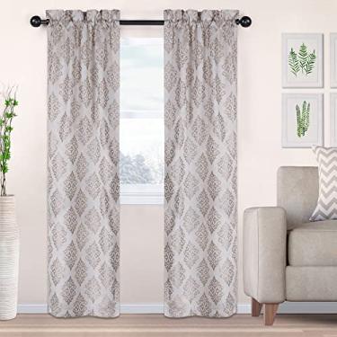 Imagem de Superior Cortinas com filtro de luz jacquard – design veneziano damasco – 66 cm x 213 cm – cabeçote com bolso para varão – Cortinas com bloqueio solar e escurecimento de ambiente para quarto, sala de