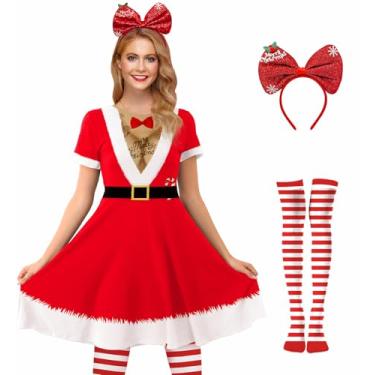 Imagem de For G and PL Fantasia feminina de elfo natalino, manga curta, vermelho, verde, vestido rodado com faixa de cabeça e meias listradas, Sants Red, Small