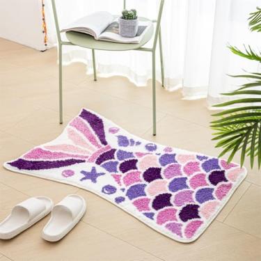 Imagem de Tapete de banho de sereia fofo engraçado roxo oceano escamas de sereia em forma de cauda tapetes de banho para banheiro antiderrapante macio grosso microfibra absorvente tapete de decoração de