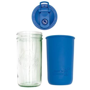Imagem de Mason Jar Lifestyle Garrafa de água de boca larga de 680 g e frasco de vidro para viagem com manga de silicone e tampa de agitação (azul escuro)